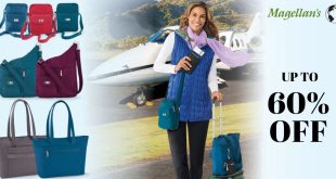 Clearance sale on travel bags, wallets, and luggage at Magellans, offering up to 60% off on essential travel accessories