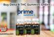 A bottle of Prime Sunshine Delta 8 Gummies. The gummies are colorful and come in assorted flavors. The bottle contains 30 gummies, with each gummy containing 40mg of Delta 8. The product is organic, gluten-free, vegan, kosher, and halal. It is also third-party tested.