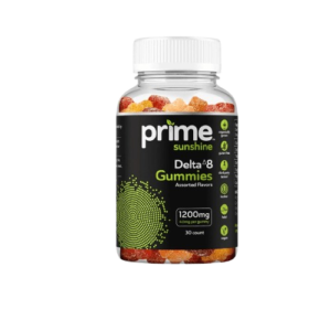 A bottle of Prime Sunshine Delta 8 Gummies. The gummies are colorful and come in assorted flavors. The bottle contains 30 gummies, with each gummy containing 40mg of Delta 8. The product is organic, gluten-free, vegan, kosher, and halal. It is also third-party tested.